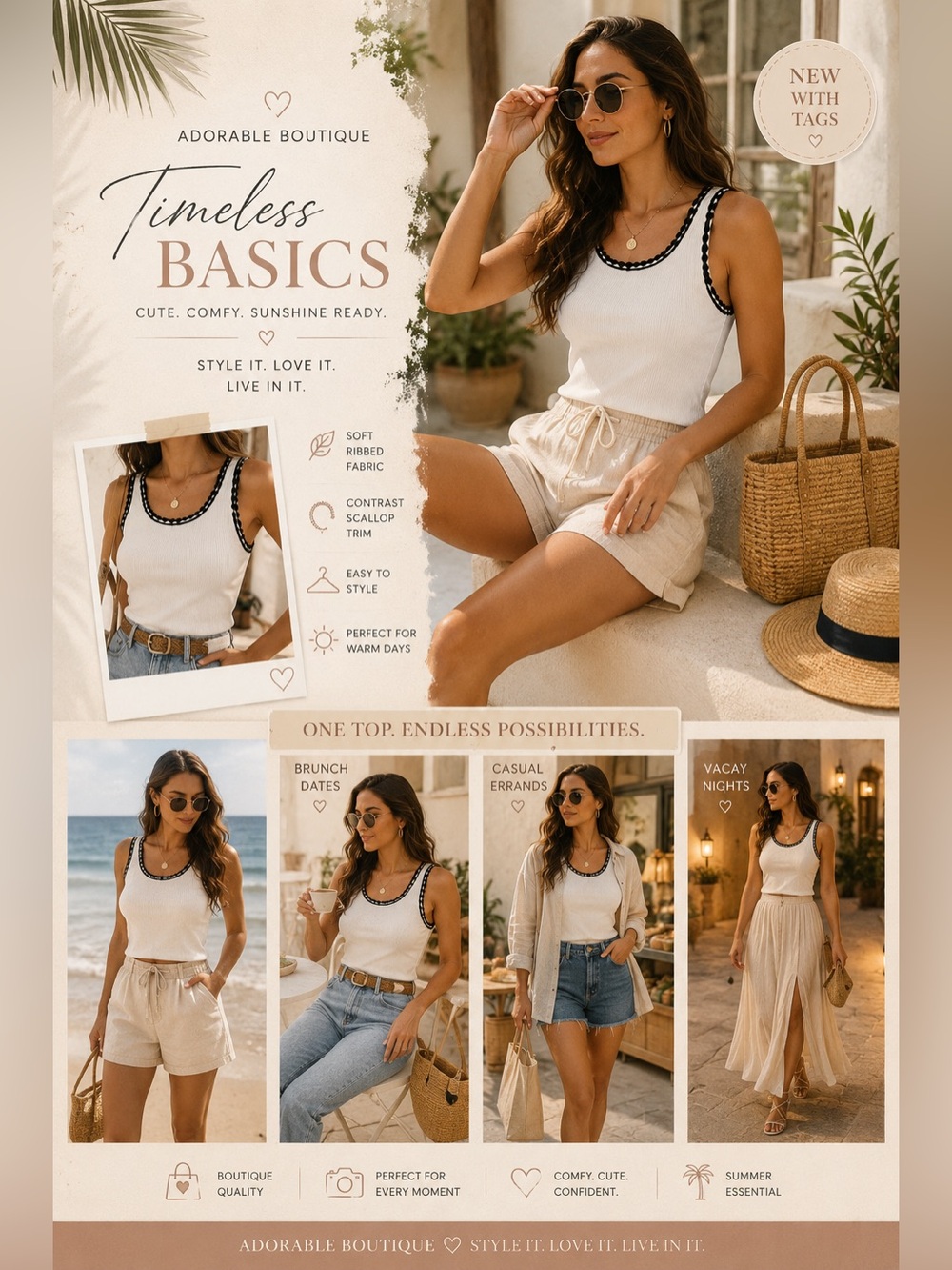 Timeless Basics Women's Ribbed Tank with Contrast Scallop Trim - White/Black